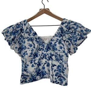 Abercrombie & Fitch Blue Floral Drama Puff Sleeve Poplin Top Size Large